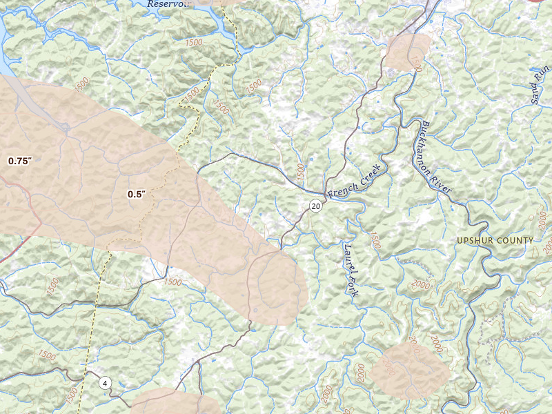 Radar-estimated hail-size map of the storm over French Creek, WV on Jul 21, 2026