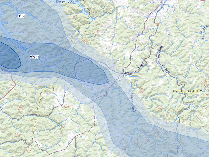 NEXRAD radar-signature map of the hail over French Creek, WV