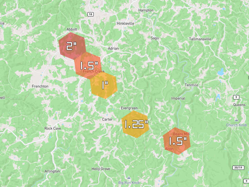 Hail map of French Creek, WV on Jul 21, 2026, hail up to 2"