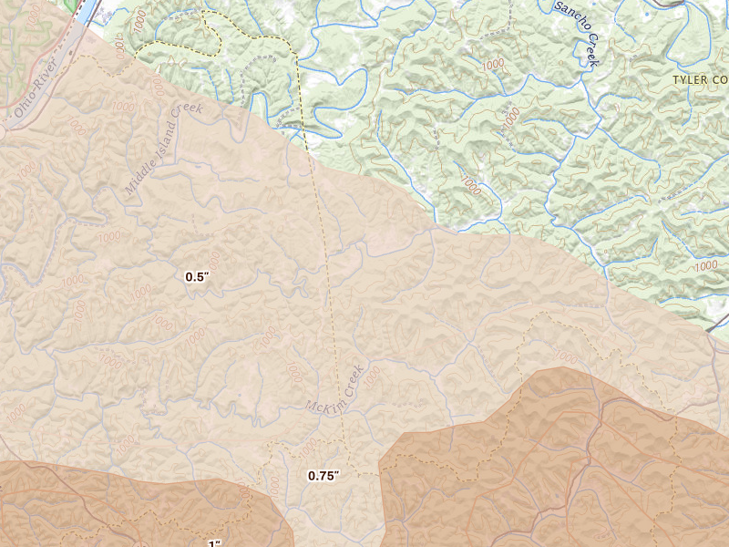 Radar-estimated hail-size map of the storm over Friendly, WV on Jul 21, 2026