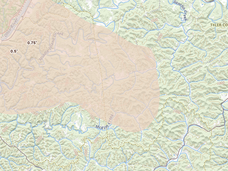 Radar-estimated hail-size map of the storm over Friendly, WV on Aug 10, 2026