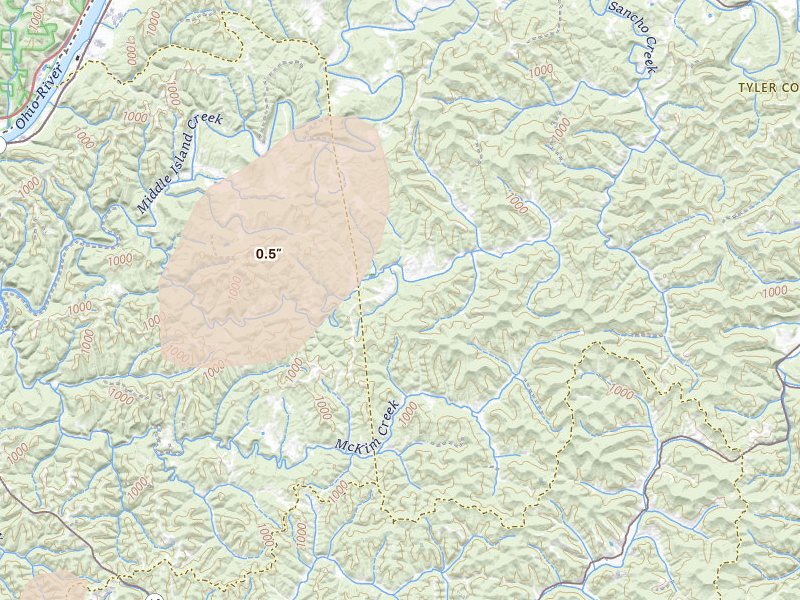 Radar-estimated hail-size map of the storm over Friendly, WV on Aug 22, 2026