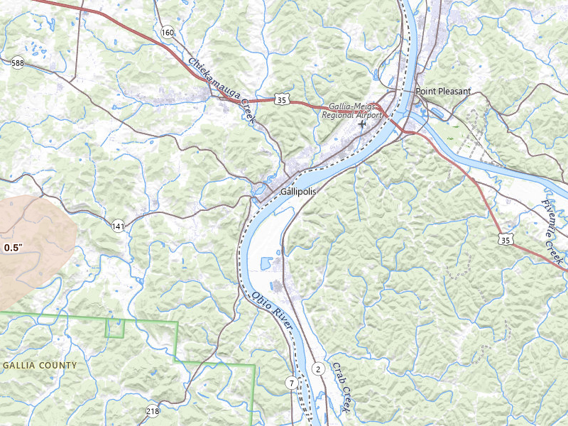 Radar-estimated hail-size map of the storm over Gallipolis Ferry, WV on May 27, 2026