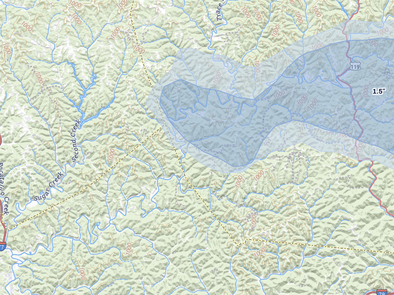 NEXRAD radar-signature map of the hail over Gandeeville, WV