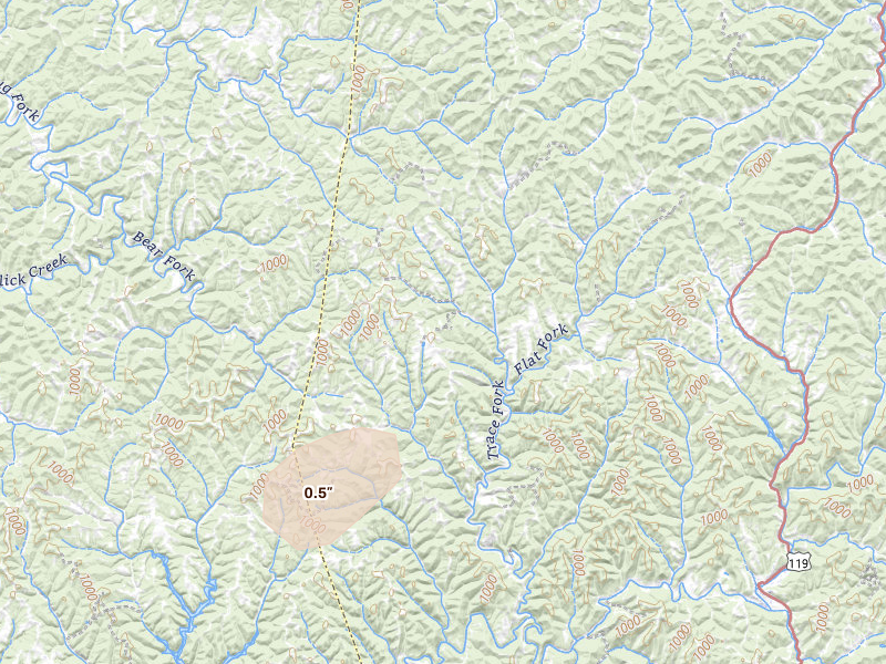 Radar-estimated hail-size map of the storm over Gandeeville, WV on Aug 7, 2026