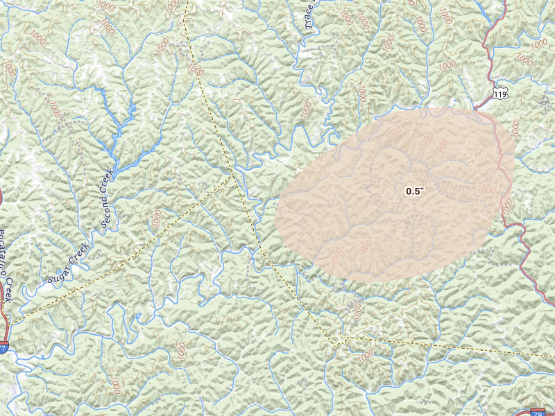 Radar-estimated hail-size map of the storm over Gandeeville, WV