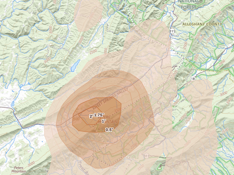 Radar-estimated hail-size map of the storm over Gap Mills, WV on Jul 4, 2026