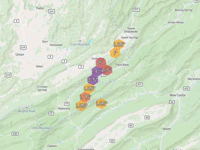 Hail map of Gap Mills, WV on Jul 4, 2026, hail up to 3.5"