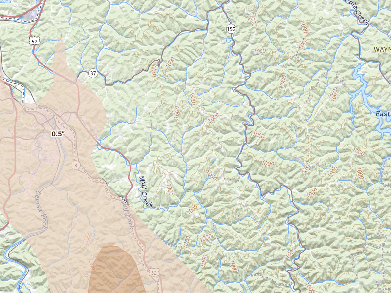 Radar-estimated hail-size map of the storm over Genoa, WV on Jul 27, 2026