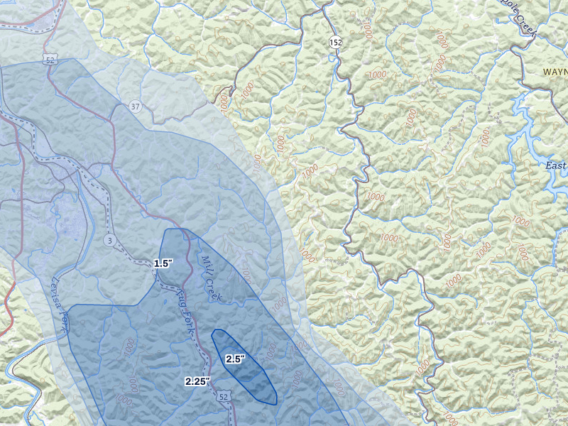 NEXRAD radar-signature map of the hail storm over Genoa, WV on Jul 27, 2026