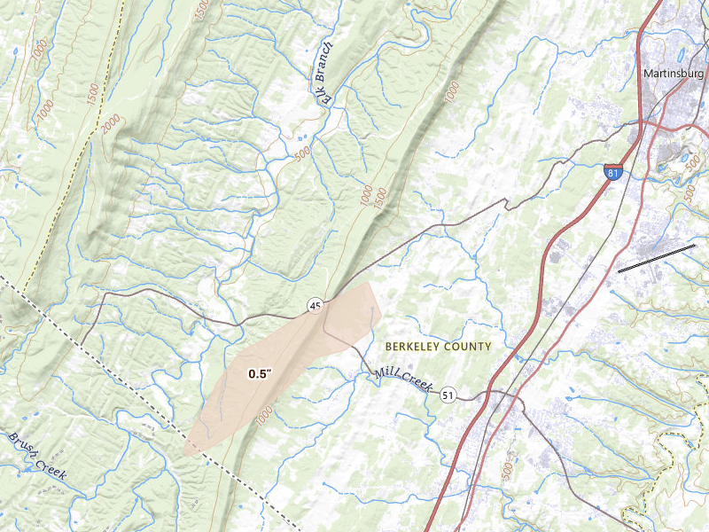 Radar-estimated hail-size map of the storm over Gerrardstown, WV on May 18, 2026