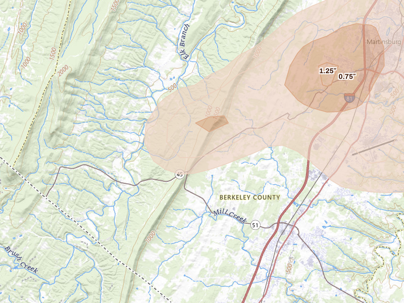 Radar-estimated hail-size map of the storm over Gerrardstown, WV on Aug 27, 2026