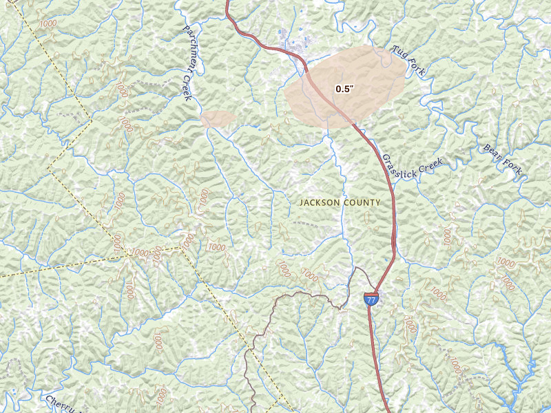 Radar-estimated hail-size map of the storm over Given, WV on Jul 5, 2026