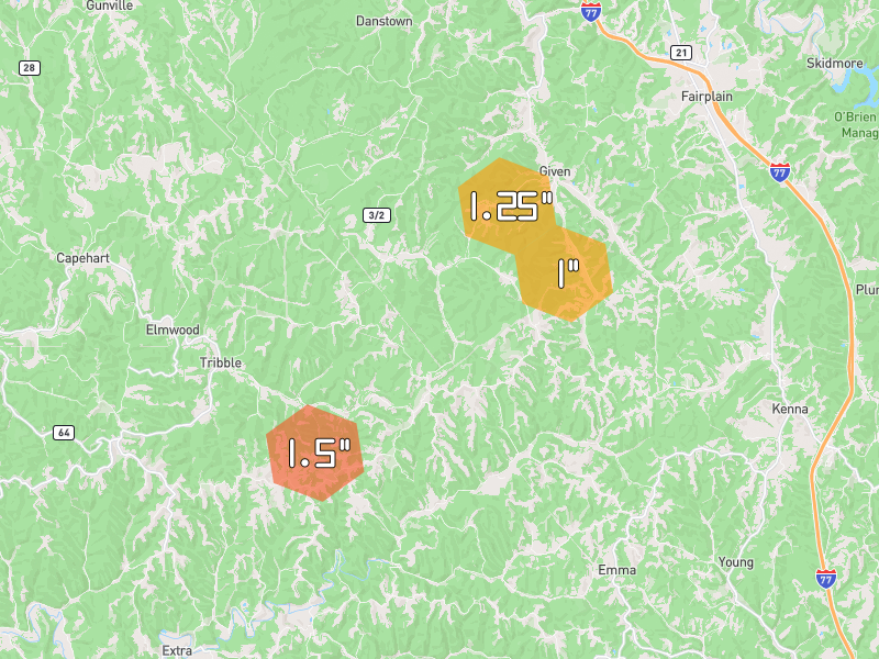 Hail map of Given, WV on Jul 5, 2026, hail up to 1.5"