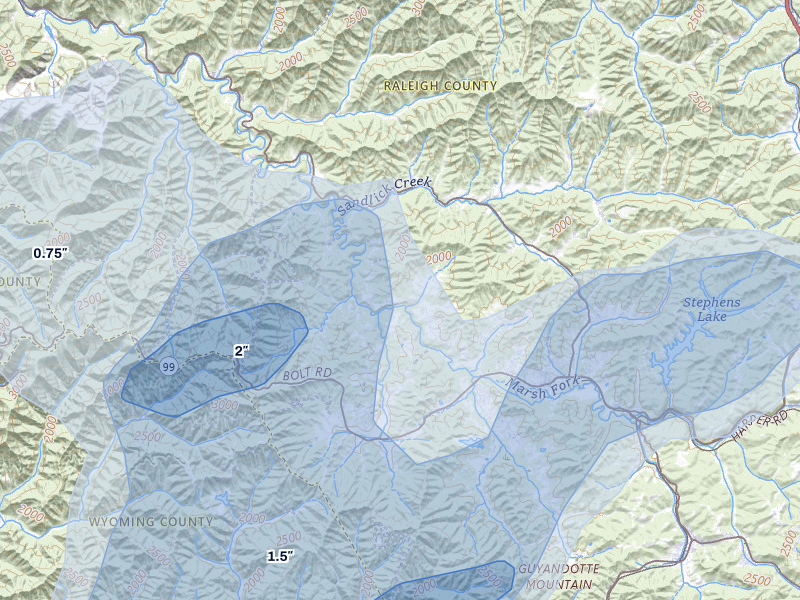 NEXRAD radar-signature map of the hail over Glen Daniel, WV