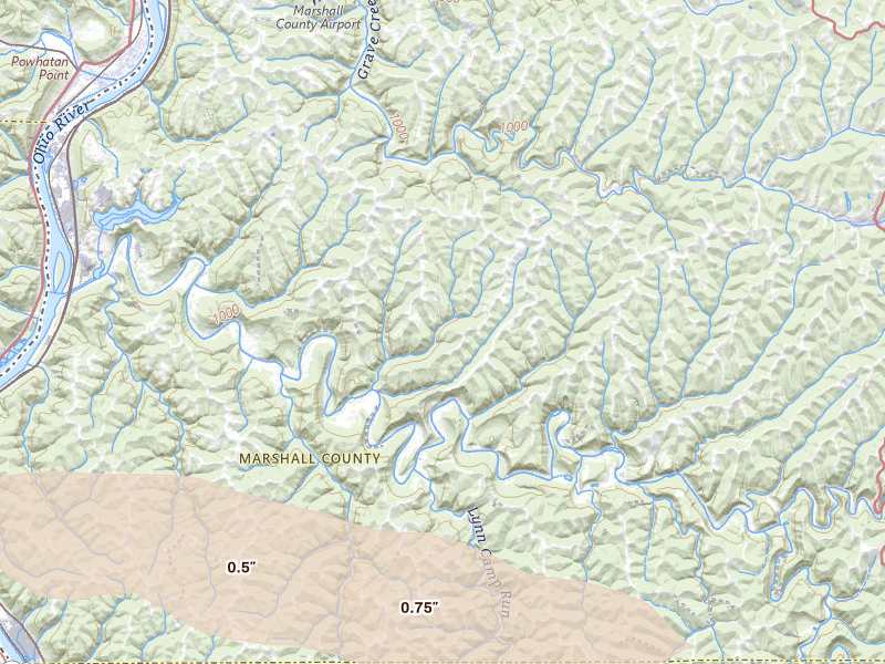 Radar-estimated hail-size map of the storm over Glen Easton, WV on Apr 1, 2026