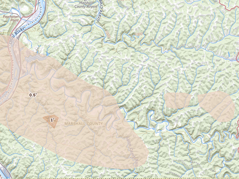Radar-estimated hail-size map of the storm over Glen Easton, WV on Jun 6, 2026