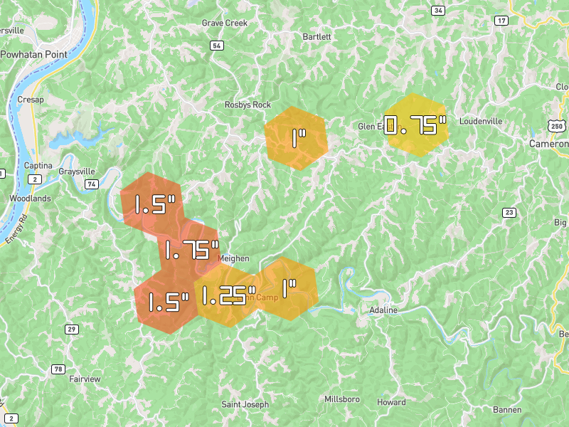 Hail map of Glen Easton, WV on Jun 6, 2026, hail up to 1.75"