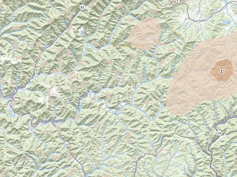 Radar-estimated hail-size map of the storm over Glen Fork, WV on Jul 4, 2026