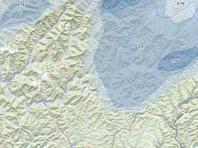 NEXRAD radar-signature map of the hail over Glen Fork, WV