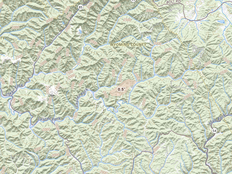 Radar-estimated hail-size map of the storm over Glen Fork, WV on Aug 27, 2026