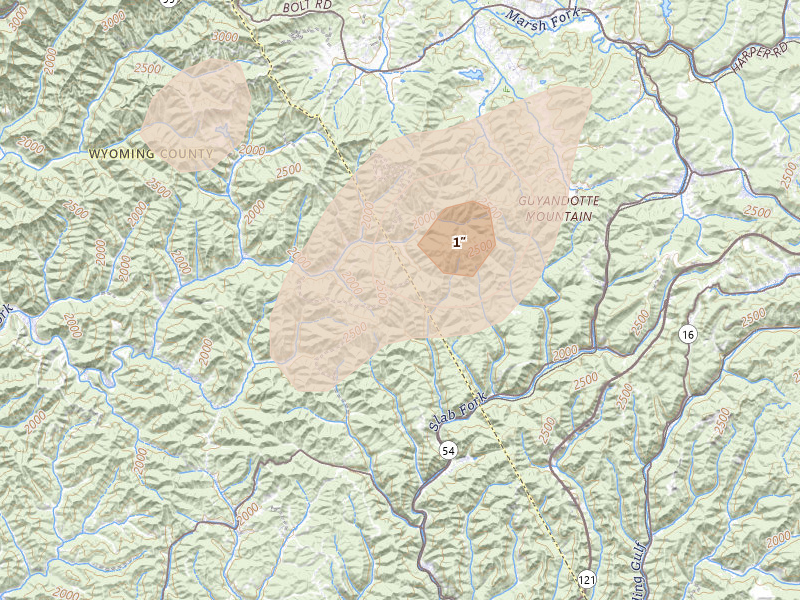 Radar-estimated hail-size map of the storm over Glen Rogers, WV on Jul 4, 2026