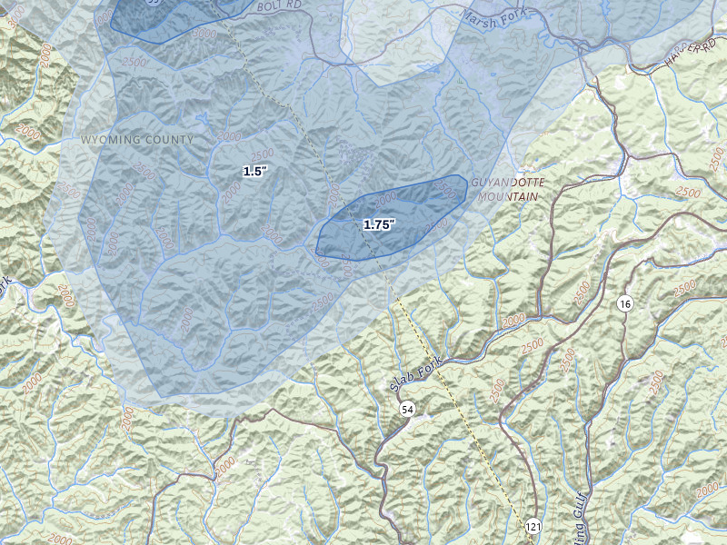 NEXRAD radar-signature map of the hail over Glen Rogers, WV
