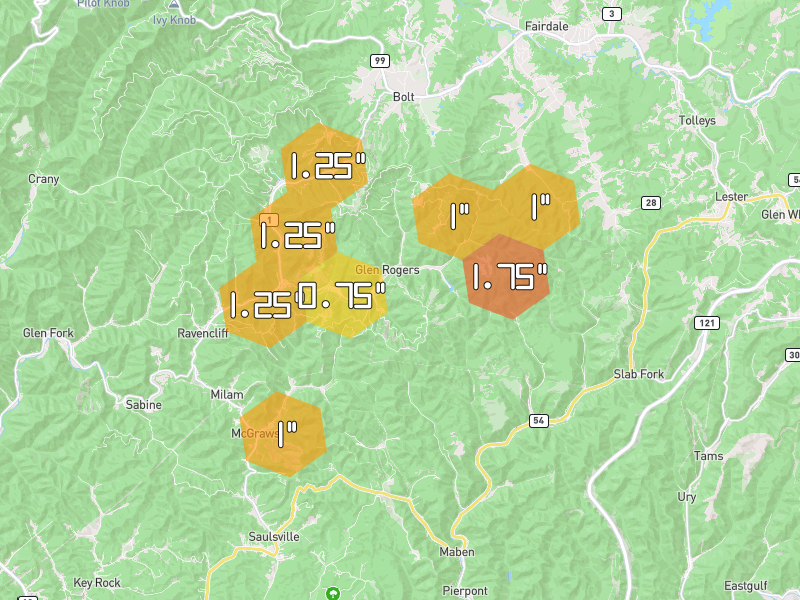 Hail map of Glen Rogers, WV on Jul 4, 2026, hail up to 1.75"