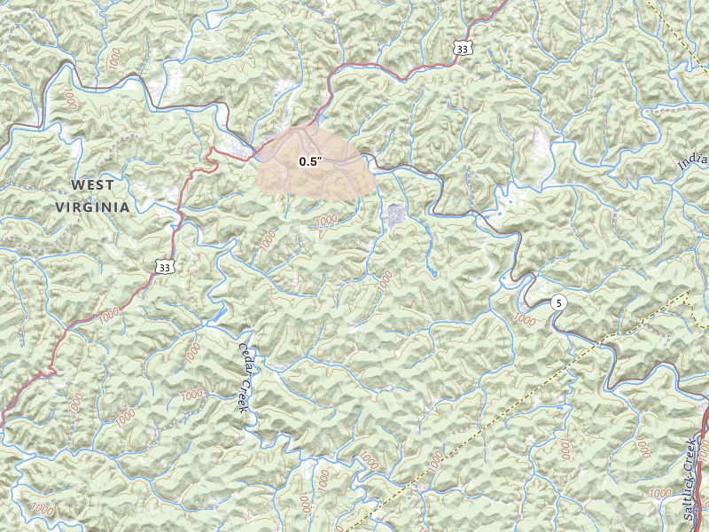 Radar-estimated hail-size map of the storm over Glenville, WV on Jun 11, 2026