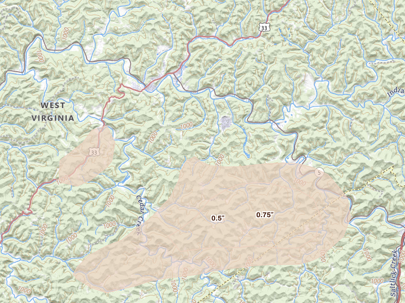 Radar-estimated hail-size map of the storm over Glenville, WV on Jul 4, 2026