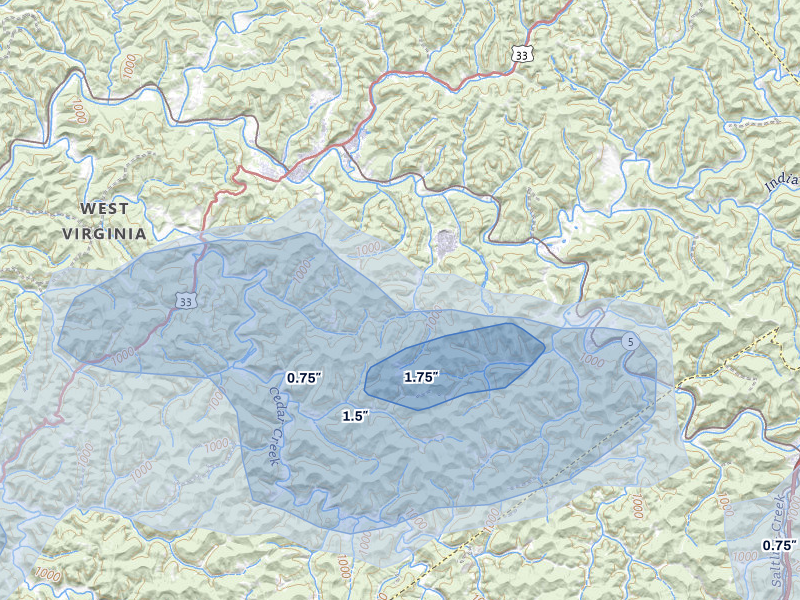 NEXRAD radar-signature map of the hail over Glenville, WV