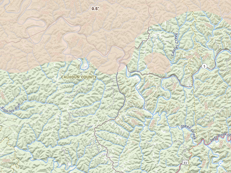 Radar-estimated hail-size map of the storm over Grantsville, WV on Aug 10, 2026