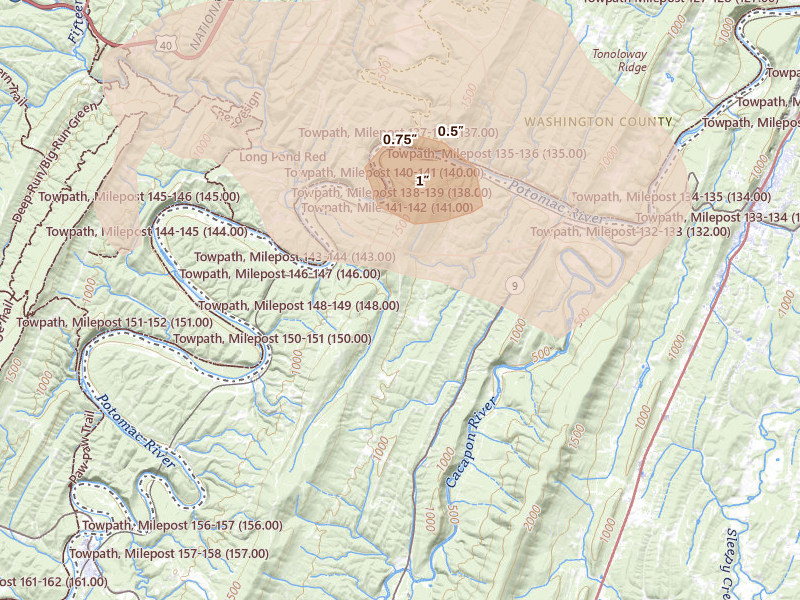 Radar-estimated hail-size map of the storm over Great Cacapon, WV on Aug 10, 2026