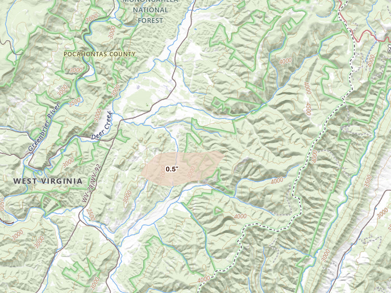 Radar-estimated hail-size map of the storm over Green Bank, WV on Aug 22, 2026
