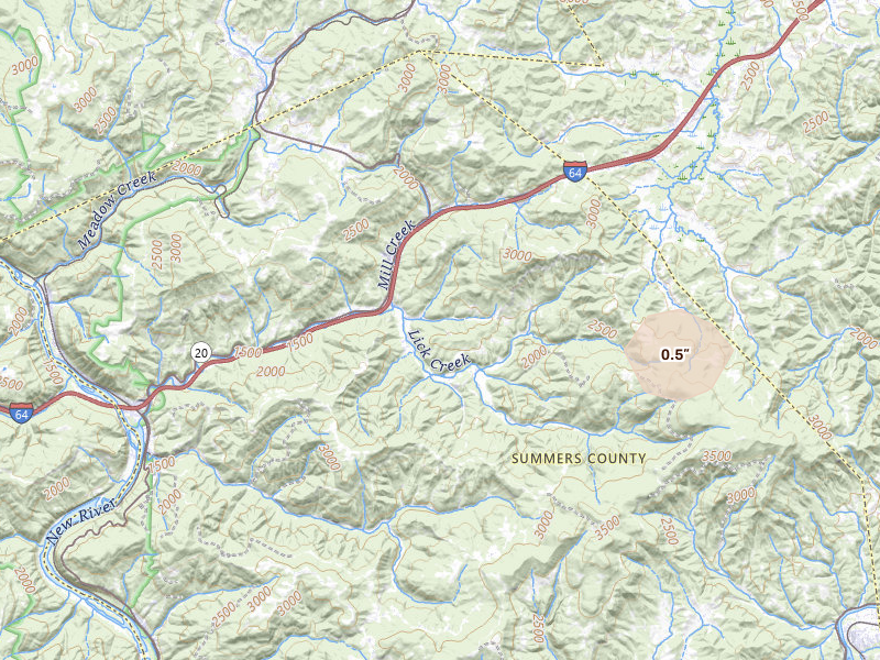 Radar-estimated hail-size map of the storm over Green Sulphur Springs, WV on May 27, 2026