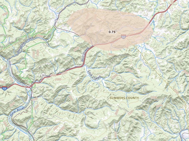 Radar-estimated hail-size map of the storm over Green Sulphur Springs, WV on Jun 12, 2026