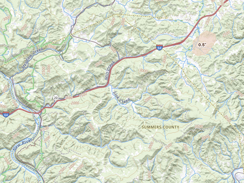 Radar-estimated hail-size map of the storm over Green Sulphur Springs, WV on Jul 4, 2026