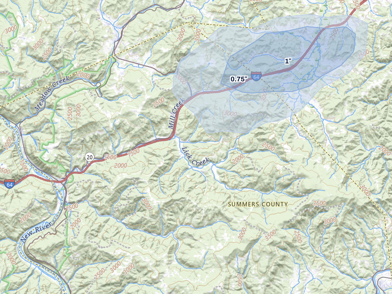 NEXRAD radar-signature map of the hail over Green Sulphur Springs, WV