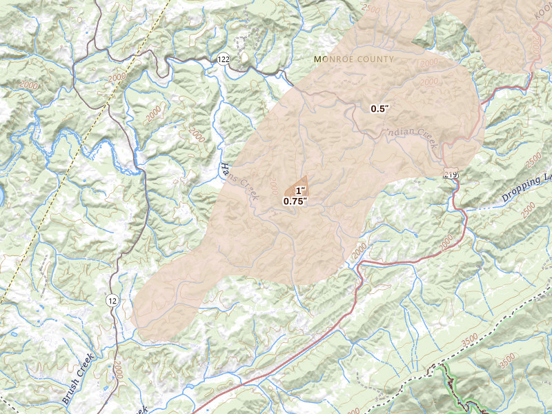 Radar-estimated hail-size map of the storm over Greenville, WV on Aug 27, 2026