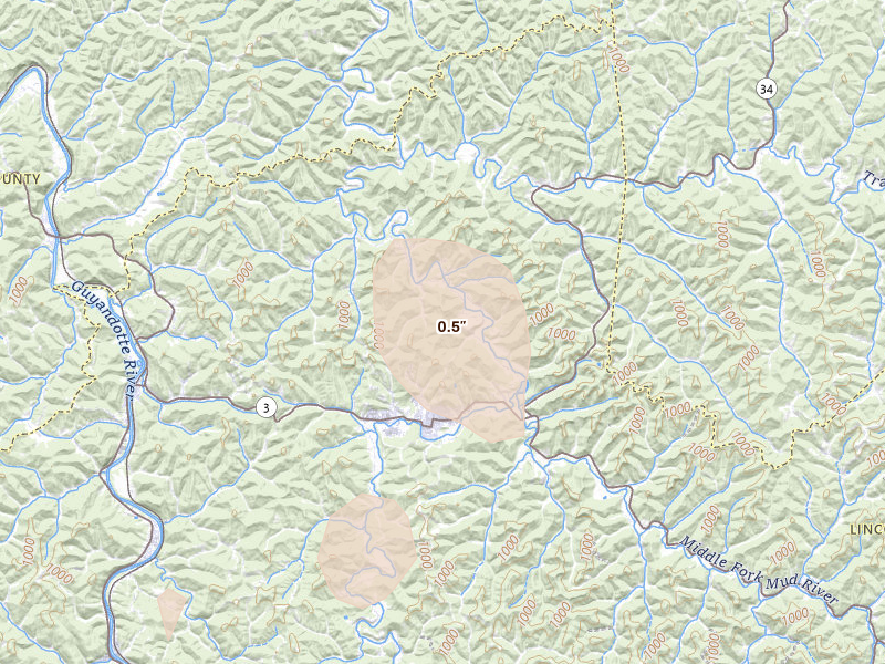 Radar-estimated hail-size map of the storm over Hamlin, WV on Sep 4, 2026