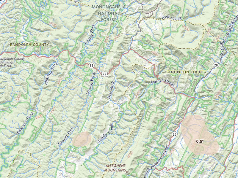 Radar-estimated hail-size map of the storm over Harman, WV on Jul 4, 2026
