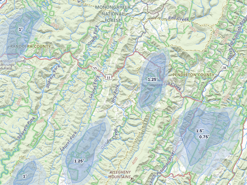 NEXRAD radar-signature map of the hail over Harman, WV