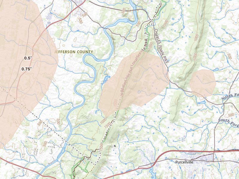 Radar-estimated hail-size map of the storm over Harpers Ferry, WV on Jul 4, 2026
