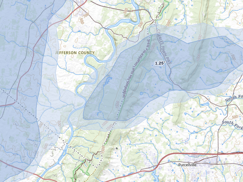 NEXRAD radar-signature map of the hail over Harpers Ferry, WV