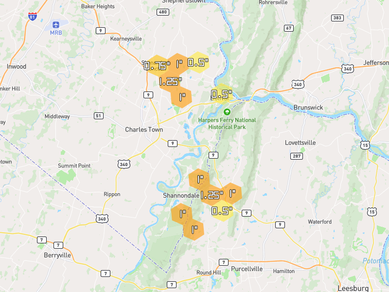 Hail map of Harpers Ferry, WV on Jul 4, 2026, hail up to 1.25"