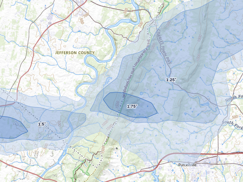 NEXRAD radar-signature map of the hail storm over Harpers Ferry, WV on Jul 28, 2026