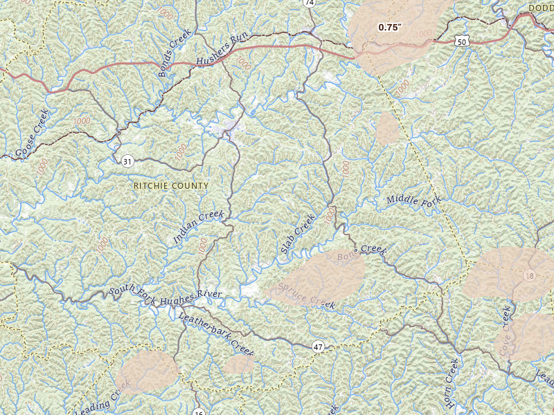 Radar-estimated hail-size map of the storm over Harrisville, WV on Jul 4, 2026