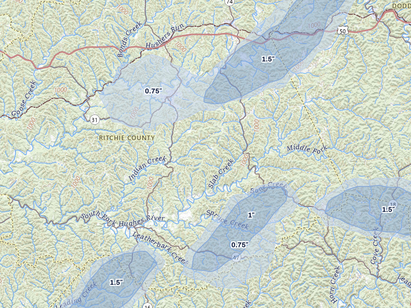 NEXRAD radar-signature map of the hail over Harrisville, WV