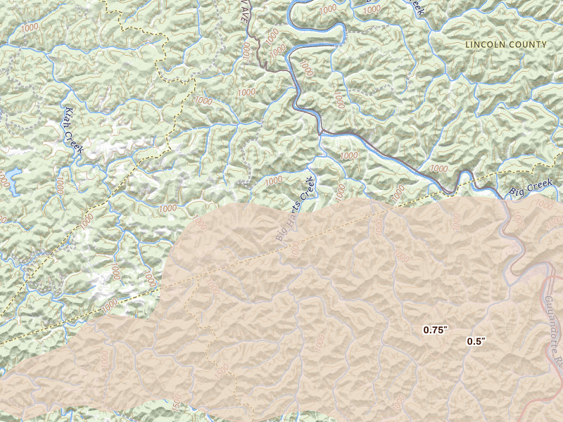Radar-estimated hail-size map of the storm over Harts, WV on Apr 1, 2026