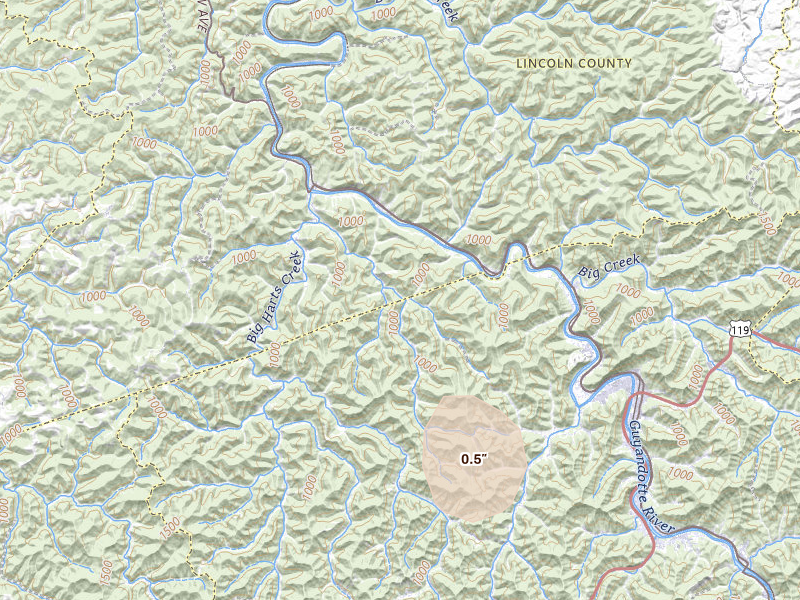Radar-estimated hail-size map of the storm over Harts, WV on Aug 11, 2026